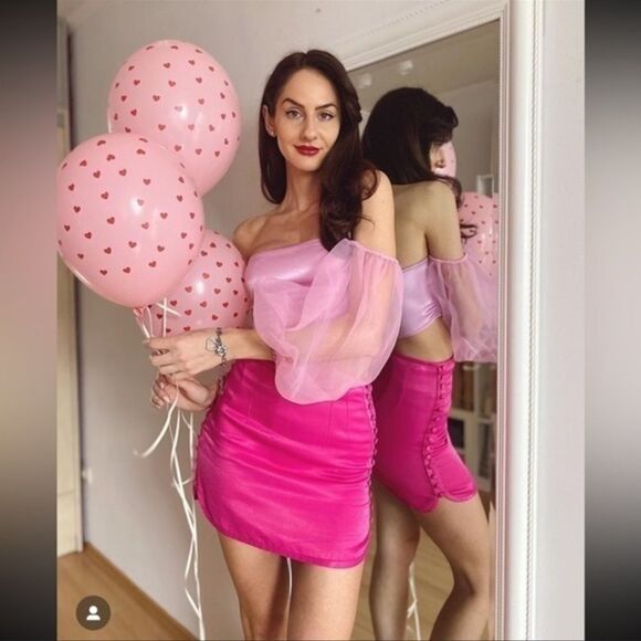 Zara pink satin strapless top with organza balloon sleeves - Picture 3 of 8